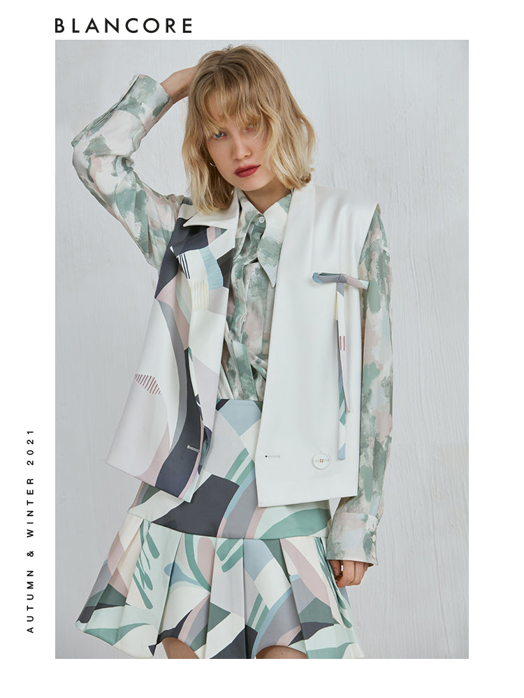 Color-Block Printed Panelled Vest Coat