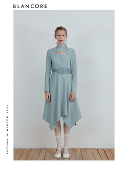 Asymmetrical Long Sleeve Dress With Hollow-Out And Belt Detail