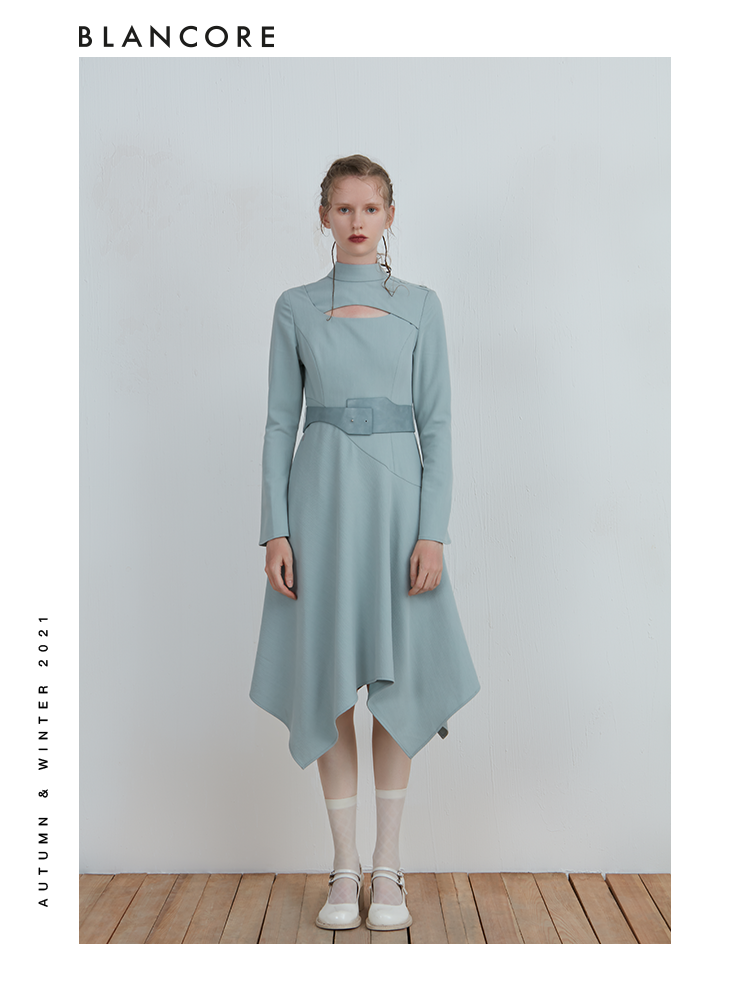 Asymmetrical Long Sleeve Dress With Hollow-Out And Belt Detail