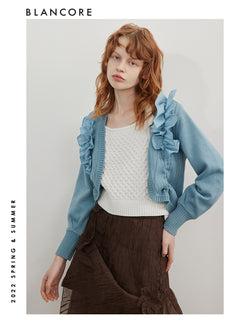 Asymmetrical Mesh Paneled Drawstring Cardigan