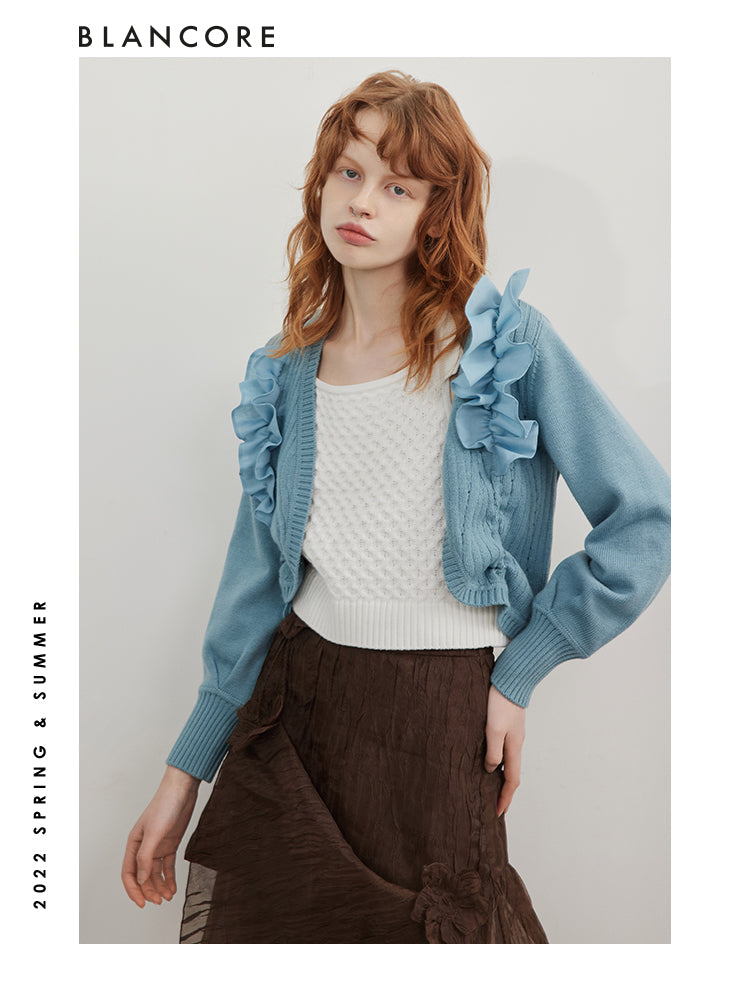 Asymmetrical Mesh Paneled Drawstring Cardigan