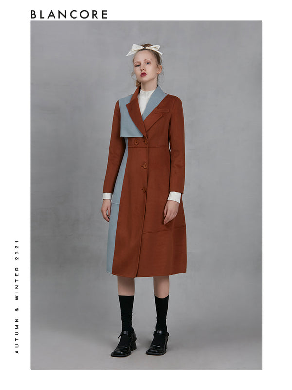 Coral Red And Blue Slim Long Wool Coat