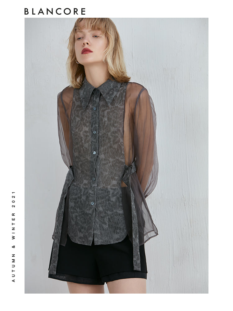 Mesh-panelled Long Sleeve Shirt With Blossom-print Detail
