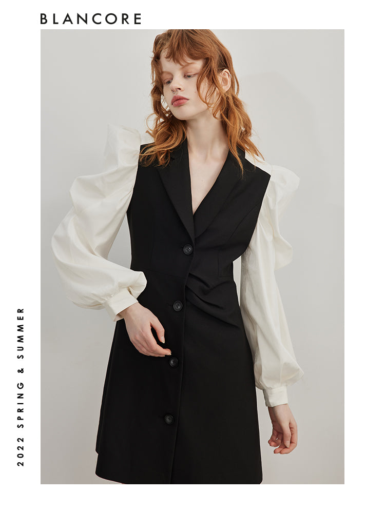 Black And White Blazer Dress With Puff Sleeves Detail