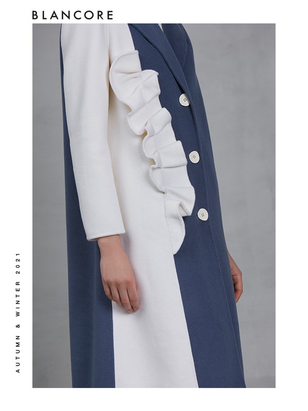 Vintage Blue And White Color Block Wool Coat With Ruffle Detail