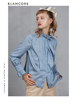 Asymmetrical Standing Collar Blouse With Ruffle Detail