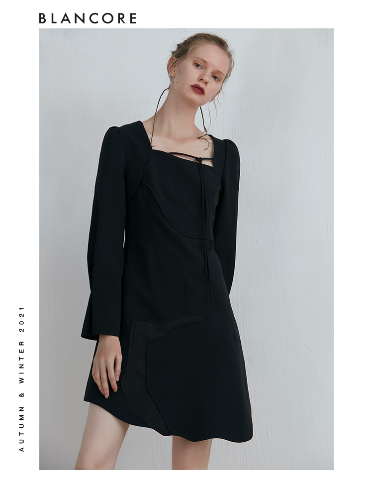 Curve Panelled Long Sleeve Black Dress With Tie Detail