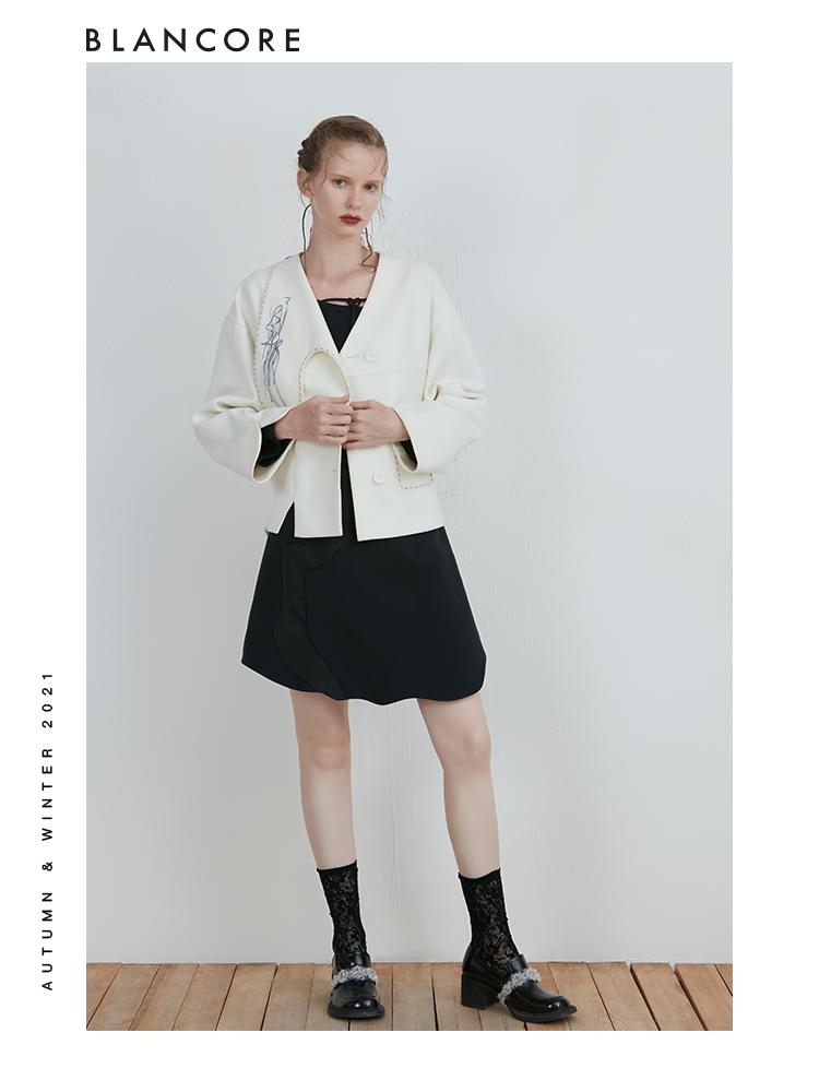 Asymmetrical Curve Panelled Jacket With Embroidered Detail