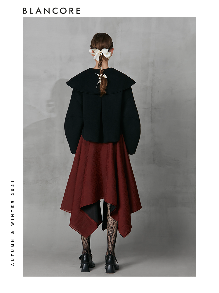 Asymmetrical Cropped Wool Coat With Ruffle Detail