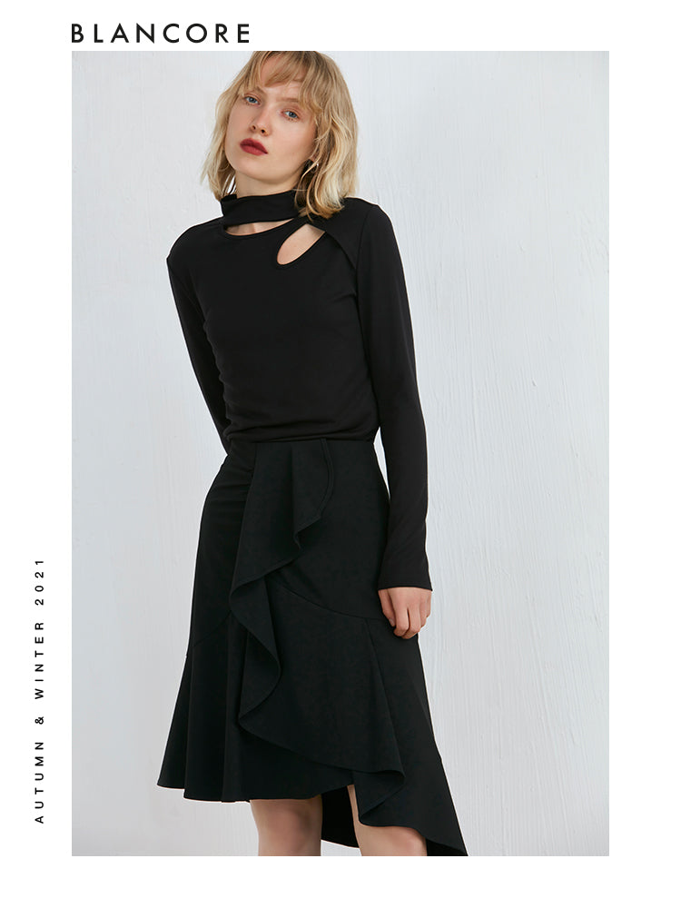 Black Slim Fit Asymmetrical Hollow-Out Top