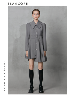 Asymmetrical Pleated Blazer Dress With Curved Collar