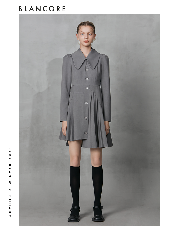 Asymmetrical Pleated Blazer Dress With Curved Collar