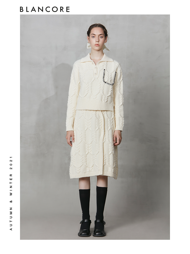 Off-White Knit Suit -Asymmetrical Polo Collar Top & Cocoon Skirt