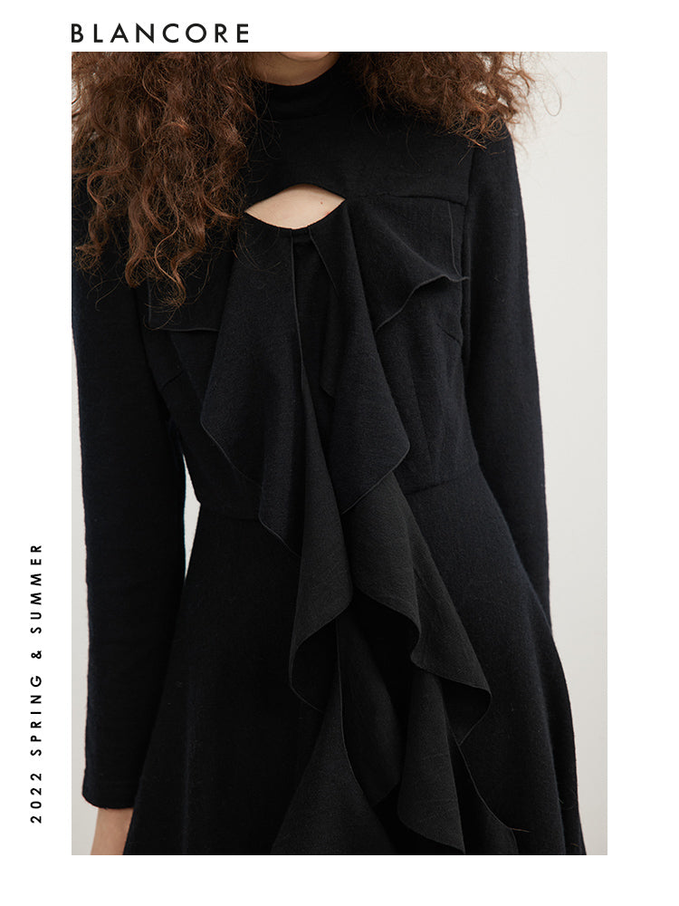 Hollow-Out Knit Dress With Ruffle Detail