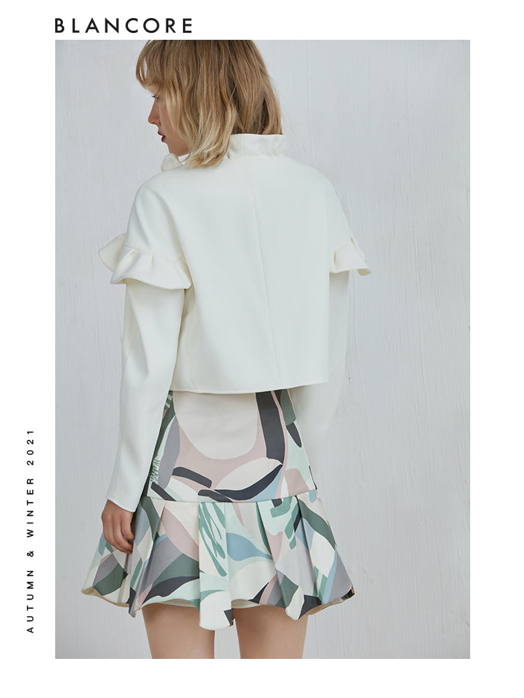 Asymmetrical Pleated Skirt With Color-Block Print