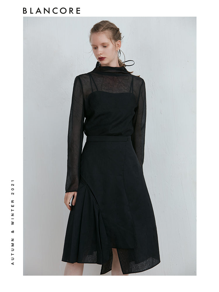 Asymmetrical Mesh Pleated Skirt