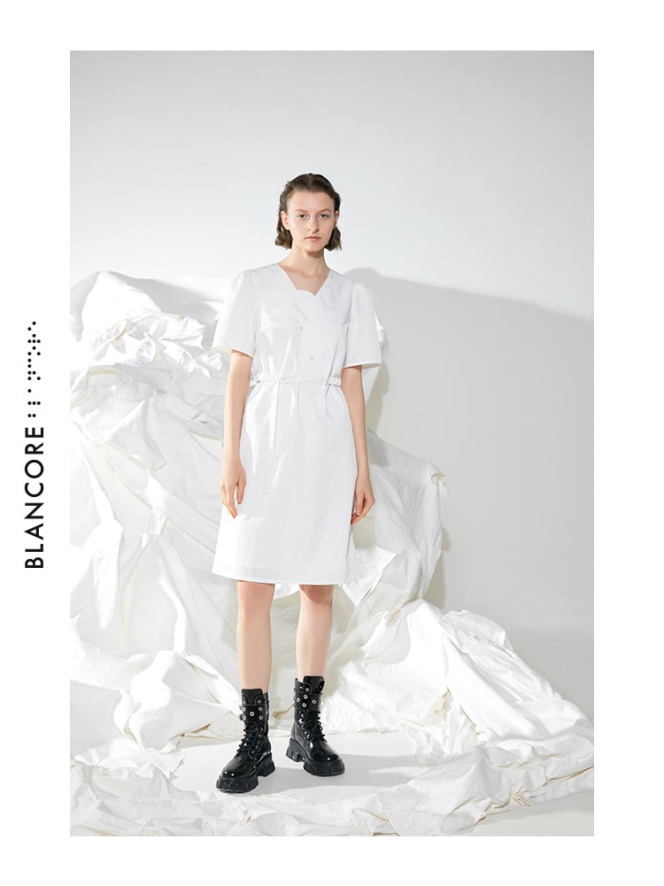 CURVED SPLICING DRESS WTIH PUFFY SLEEVES