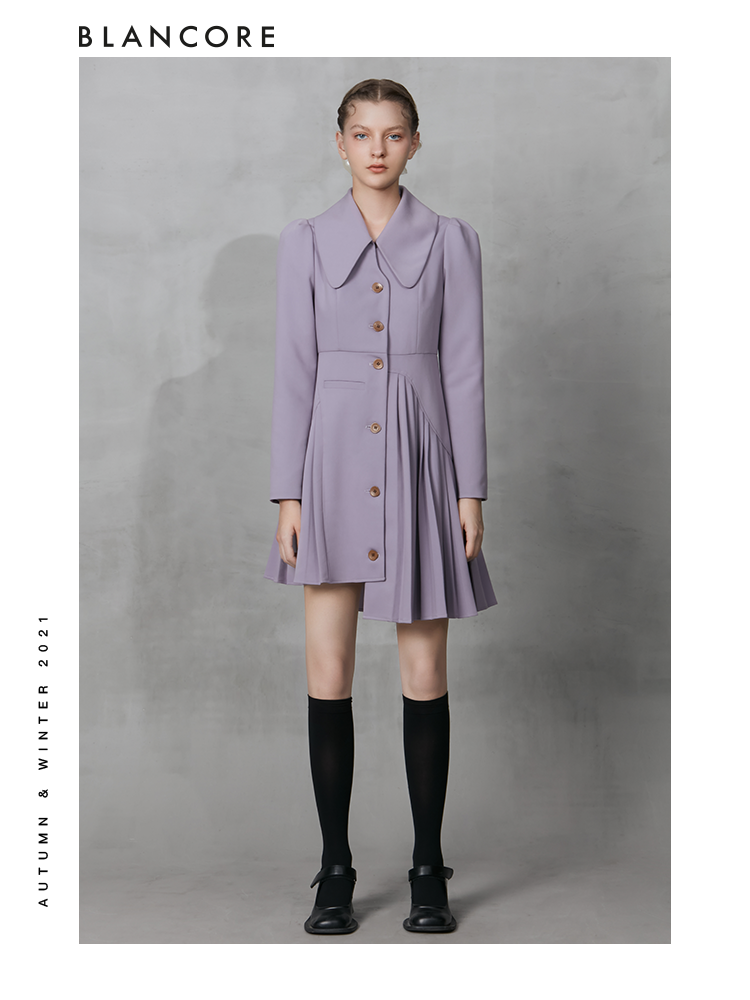 Asymmetrical Pleated Blazer Dress With Curved Collar