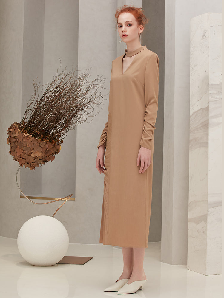 Pleats Panelled V-neck Dress