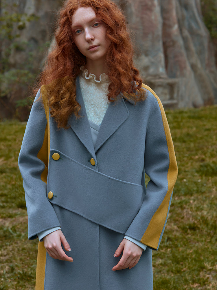 COLOR BLOCK ASYMMETRICAL WOOL COAT