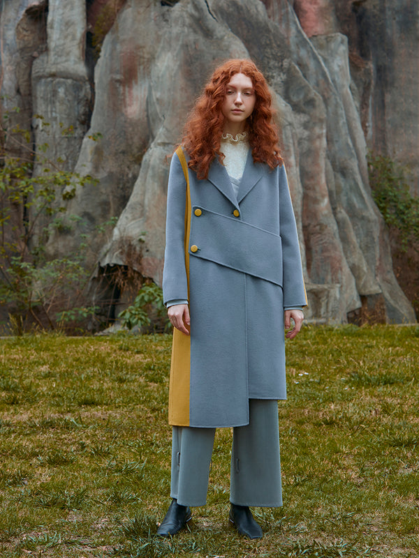 COLOR BLOCK ASYMMETRICAL WOOL COAT