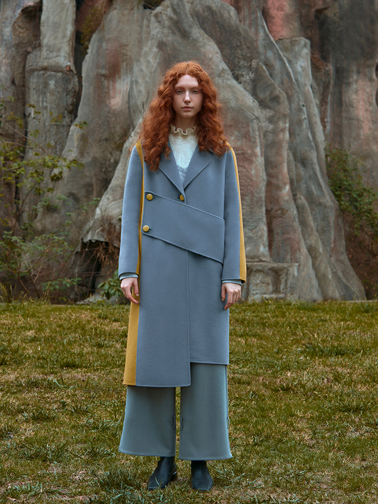 COLOR BLOCK ASYMMETRICAL WOOL COAT