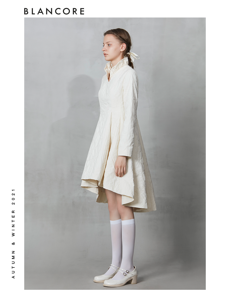 Standing Collar Cotton Dress With Embroidered Detail