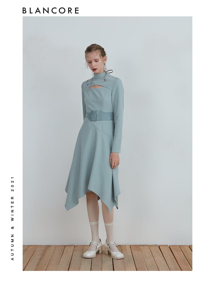 Asymmetrical Long Sleeve Dress With Hollow-Out And Belt Detail