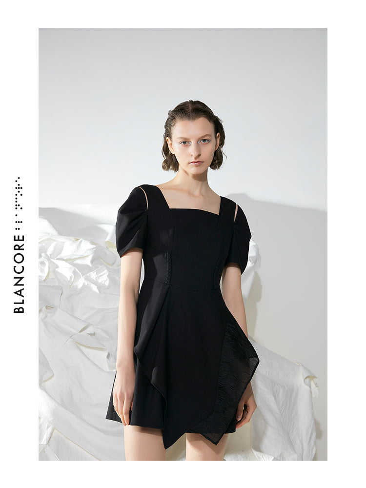 SQUARE COLLAR WAISTED A-SHAPE DRESS