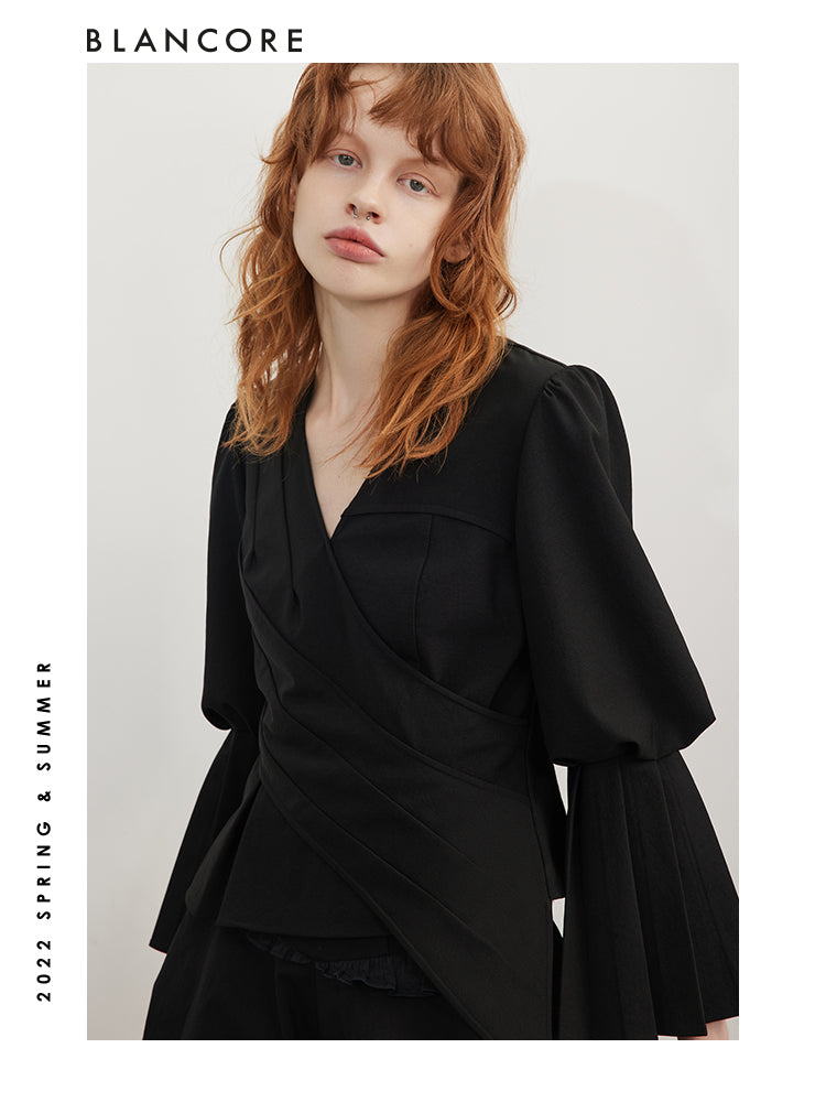 Asymmetrical Wrapped Top With Puff Sleeves
