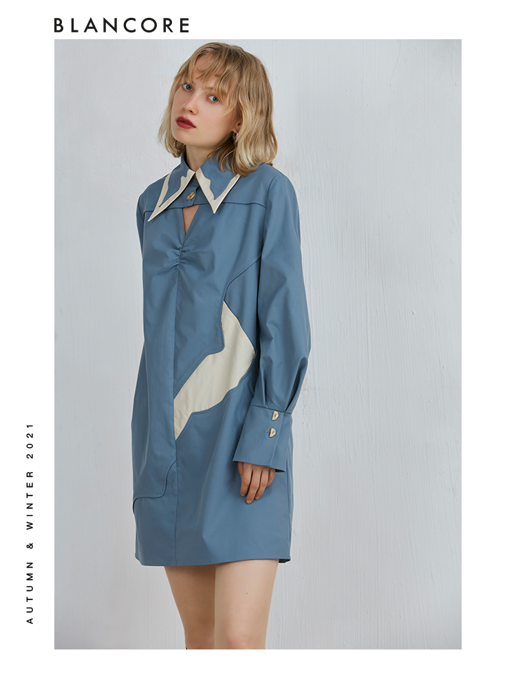 Color Block Shirt Dress With Hollow-Out Detail