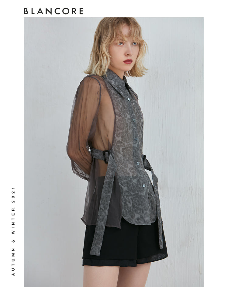 Mesh-panelled Long Sleeve Shirt With Blossom-print Detail