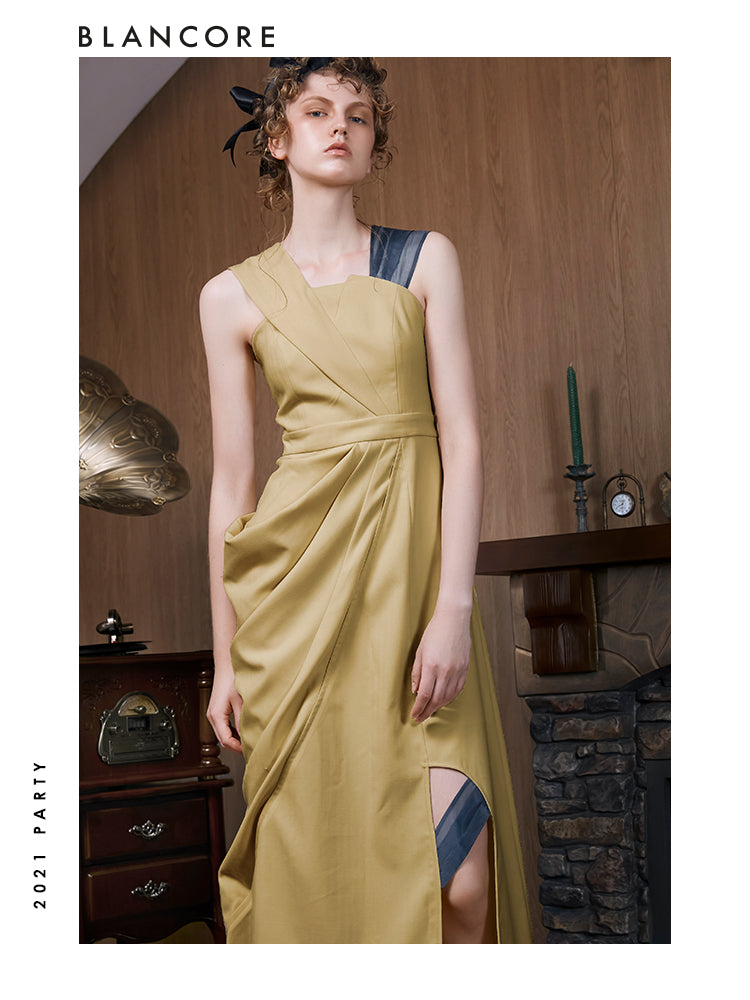 Asymmetrical Dress With Color Block Shoulder Detail