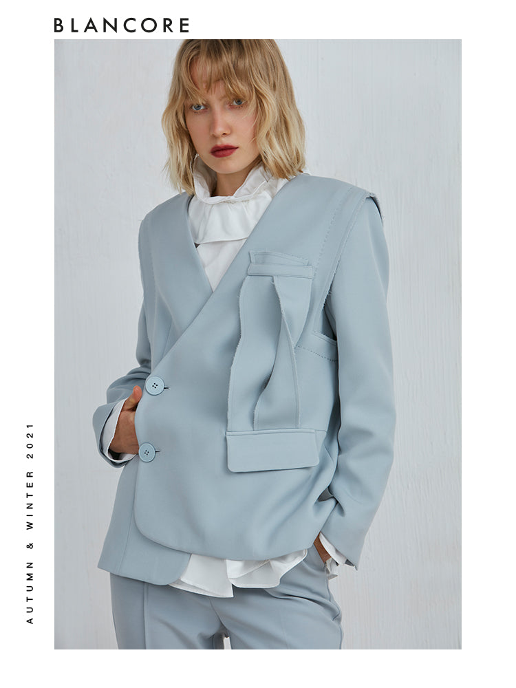 Collarless Asymmetrical Loose Blazer