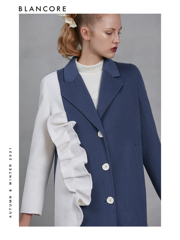 Vintage Blue And White Color Block Wool Coat With Ruffle Detail