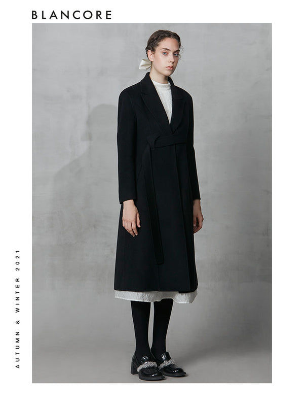 Black Shoulder Pad Coat With Obi Belt