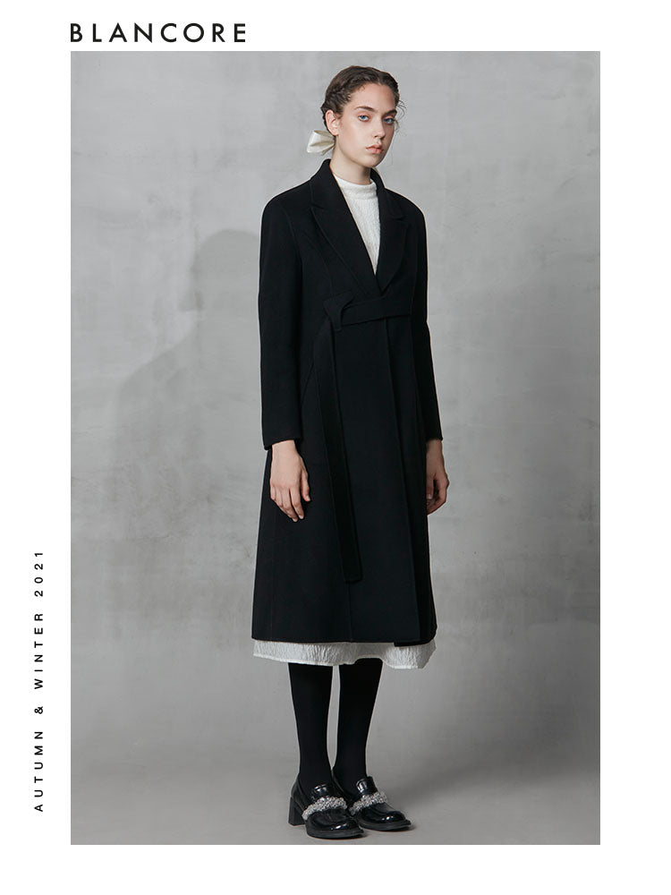 Black Shoulder Pad Coat With Obi Belt