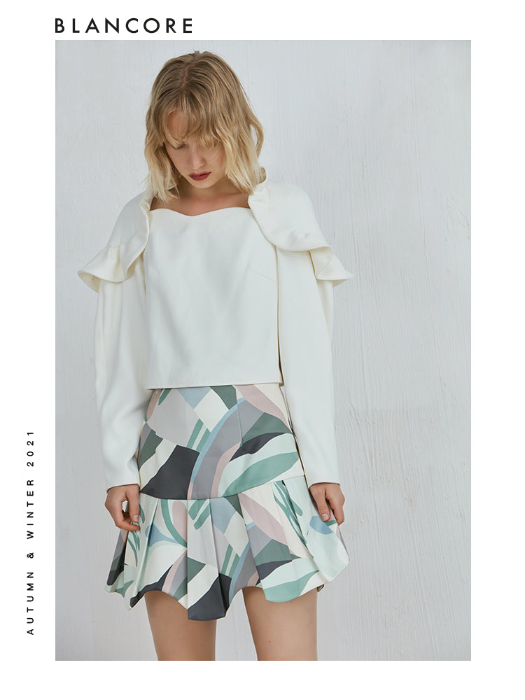 Asymmetrical Pleated Skirt With Color-Block Print