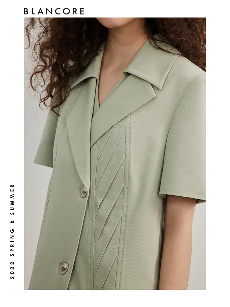 Two-piece asymmetrical short sleeve blazer with pleated detail