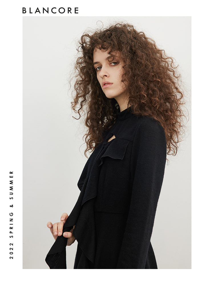 Hollow-Out Knit Dress With Ruffle Detail