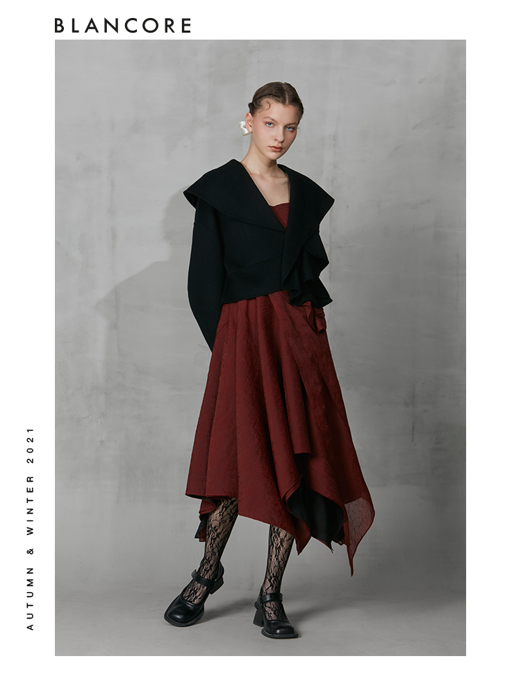 Asymmetrical Cropped Wool Coat With Ruffle Detail