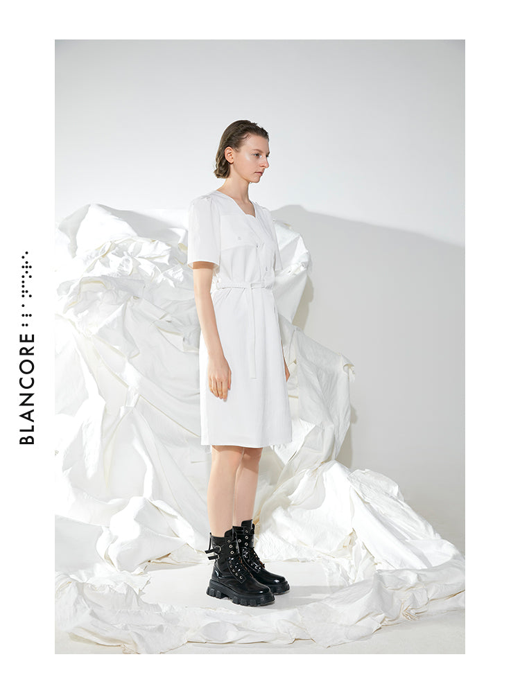 CURVED SPLICING DRESS WTIH PUFFY SLEEVES