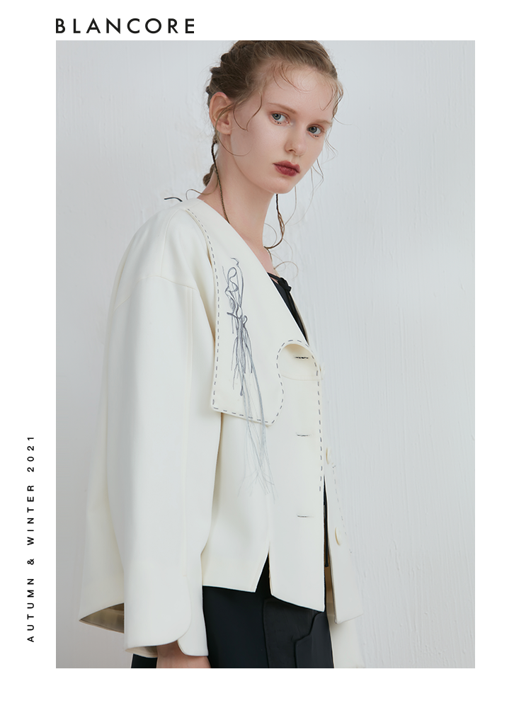 Asymmetrical Curve Panelled Jacket With Embroidered Detail