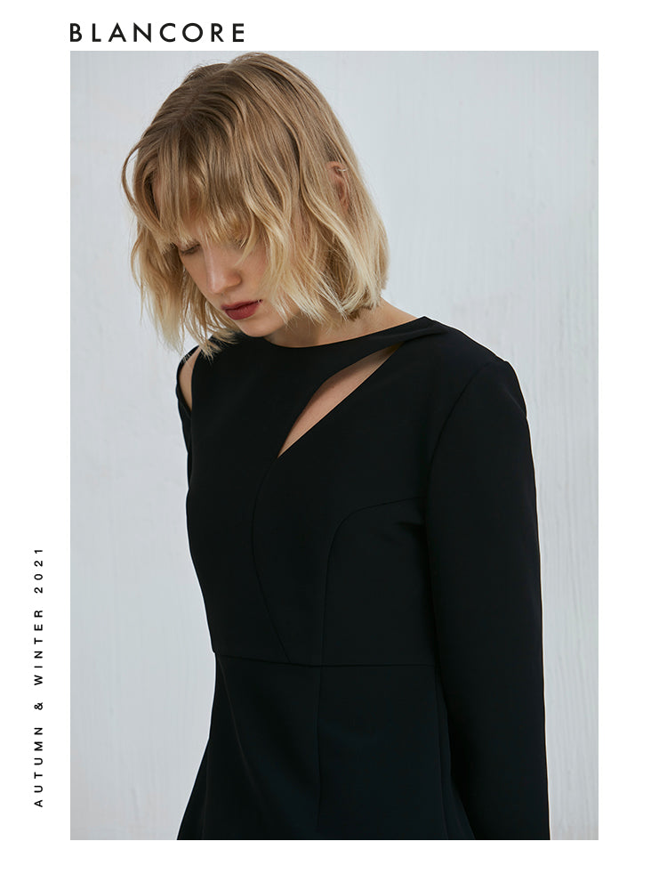 Mesh-Panelled Long Sleeve Dress With Asymmetrical Bottom