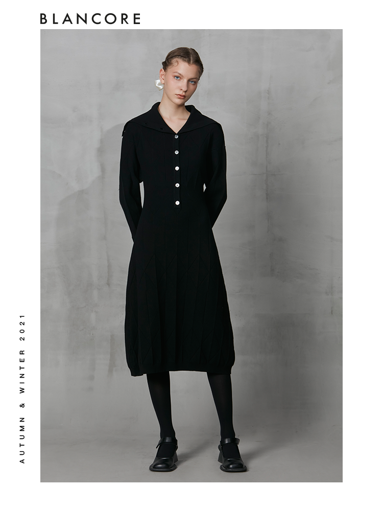 Lapel Slim Waist Knit Dress