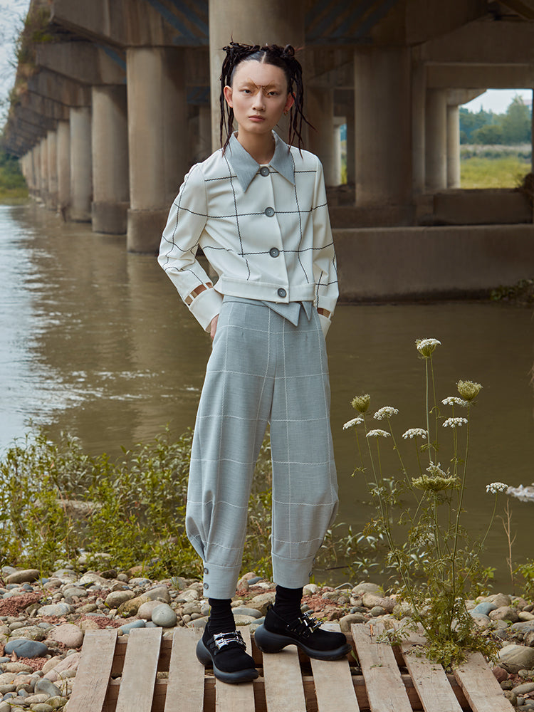 FOLDED WAIST TROUSER WITH LATTICE PATTERN