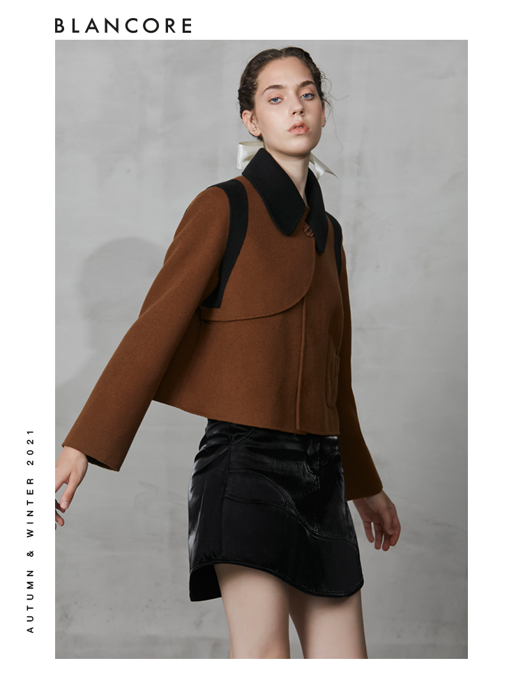 Wool Coat With Black Curved Collar And "Hollow-Out" Shoulder Detail