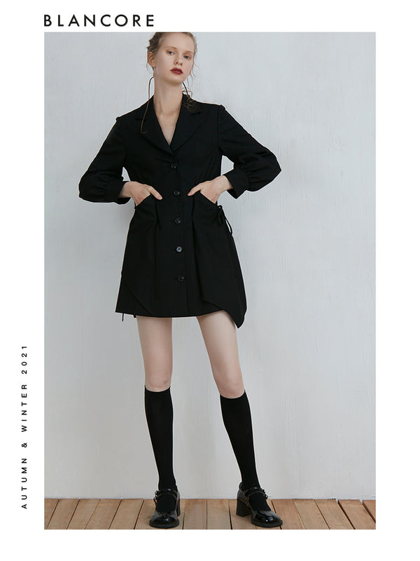 Black Buttom Blazer Dress With Loose Sleeves