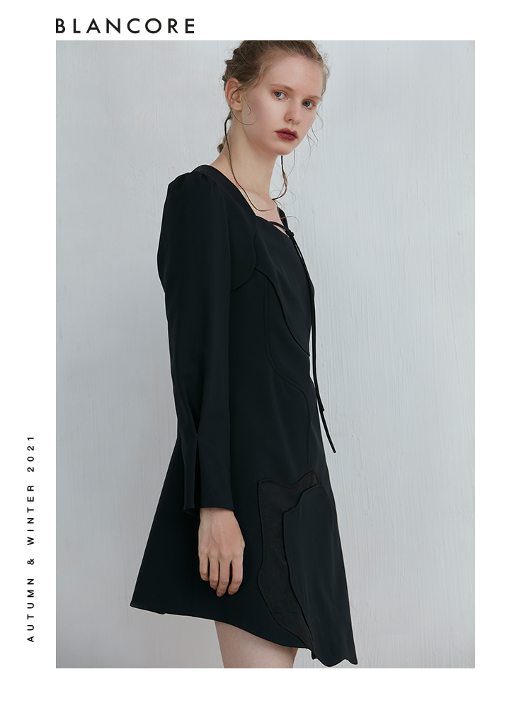 Curve Panelled Long Sleeve Black Dress With Tie Detail