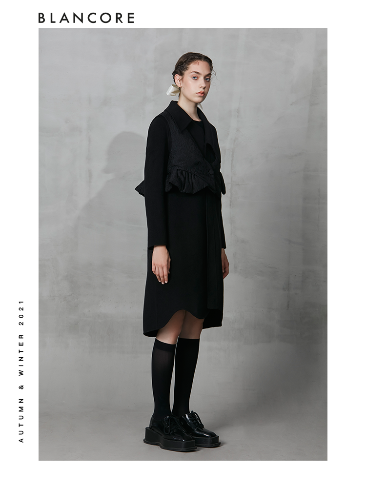 Deconstructed Wool Coat With Detachable Ruffle Vest